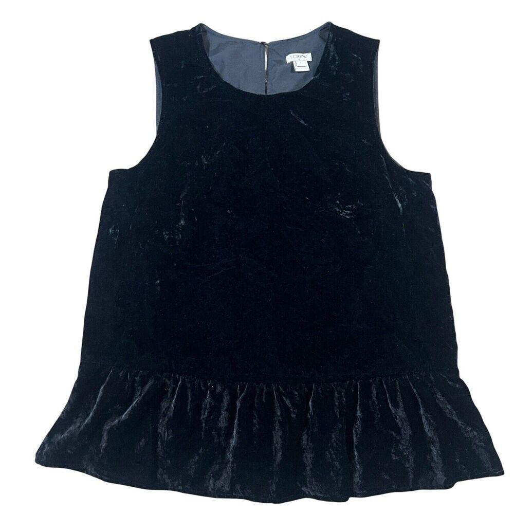 J.Crew Blouse Black Velvet Velour Drapy Peplum Ruffle Sleeveless Top Size 2